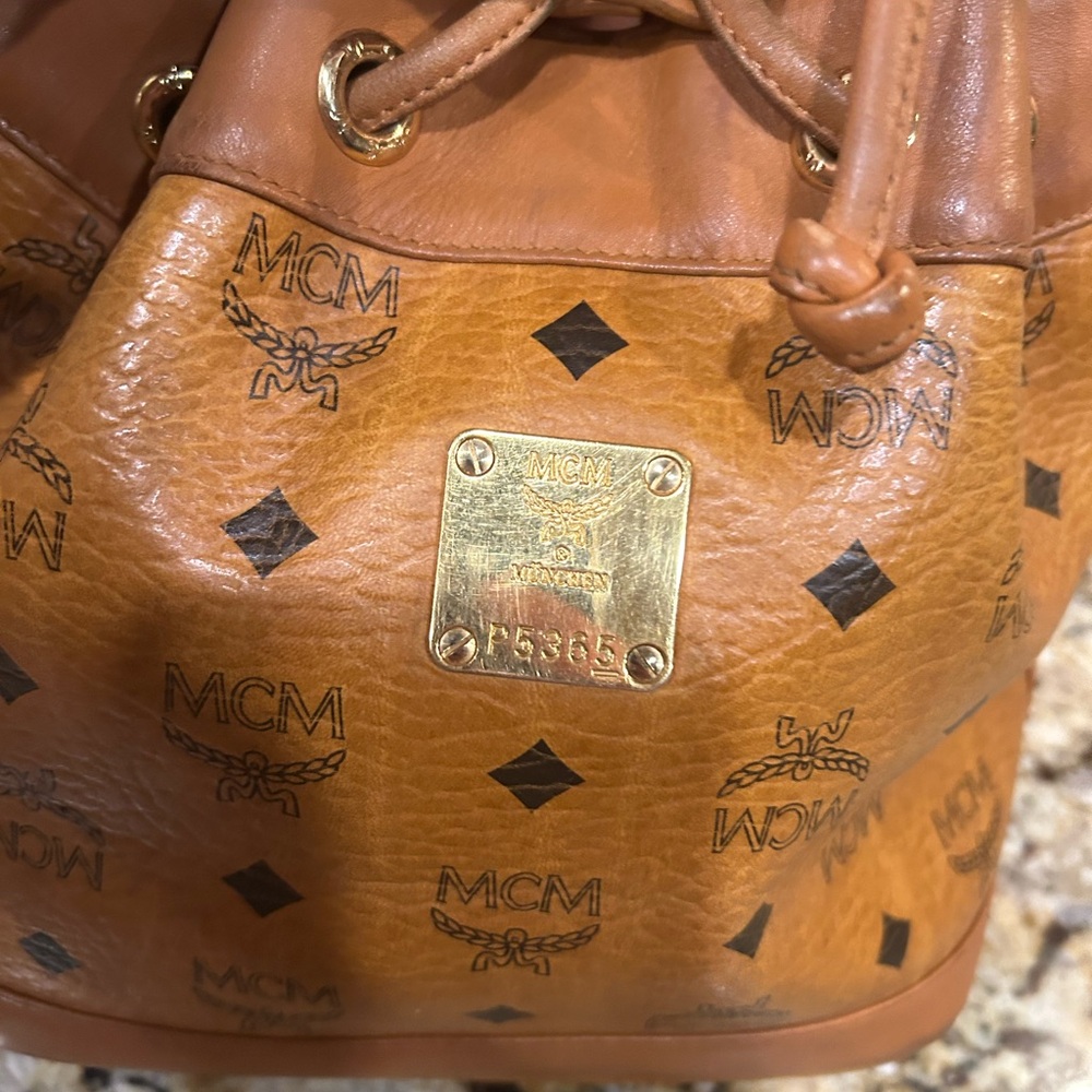 MCM Visetos Cognac Nappa Leather Monogram Drawstring Bucket Bag.  Authentic! - Picture 10 of 12